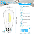Brightever Edison Light Bulbs 60W Equivalent, Dimmable Light Bulbs, 7W, 850LM Vintage E26 LED Bulb 5000K Daylight White, 90+CRI, ST58 Clear Glass Antique LED Filament Bulb for Porch, 8 Pack
