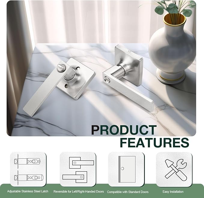 GOBEKOR 8 Pack Privacy Door Handles - Brushed Nickel Interior Door Handles with Lock Square Lever for Bedroom Bathroom Keyless Privacy Lever