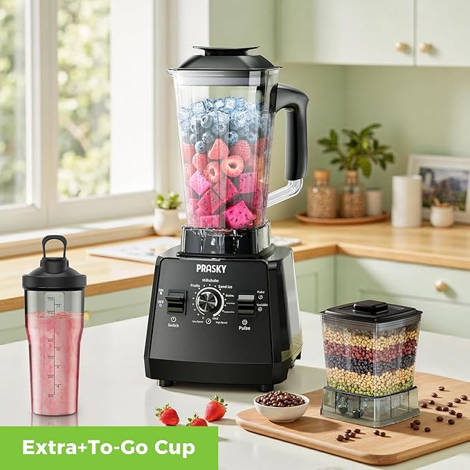 Blender, Smoothie Blenders, PRASKY Max.2400Watts/1000Watts Kitchen Blender and Grinder Combo 25000RPM Powerful Kitchen 68oz BPA Free 2 Containers Countertop Blenders Ice Crushing