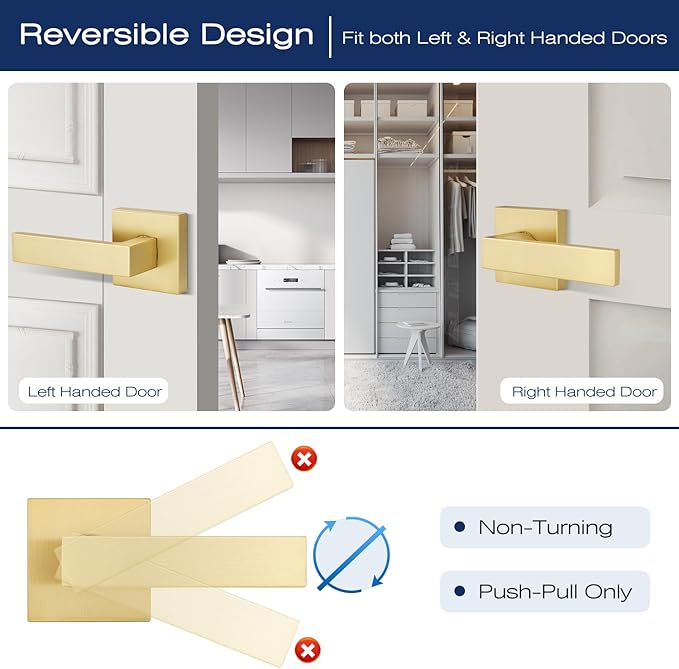 EHOMEWARE 1 Pack Heavy Duty Dummy Door Handle Interior Lever Set, Single Sided Gold Door Knob for Interior Doors, Right/Left Handing