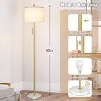 【Upgraded】 Dimmable Gold Floor Lamps for Living Room, 63in Modern Standing Lamp with Marble Base, Tall Pole Light with White Linen Shade for Bedroom Reading Office Corner Nursery