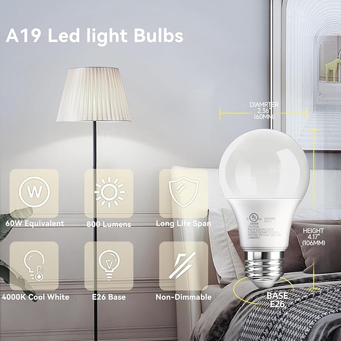 TJOY 24 Pack A19 LED Light Bulbs, 60 Watt Equivalent, Efficient 9W, Cool White 4000K, E26 Standard Base, Neutral White Light Bulb, Non Dimmable Energy Saving for Home, 800LM, 120V, 80 CRI, UL Listed