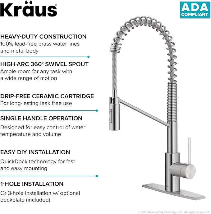 KRAUS Oletto Commercial Style Single Handle Pull Down Kitchen Faucet with QuickDock Top Mount Installation Assembly in Spot Free Stainless Steel, KPF-2631SFS