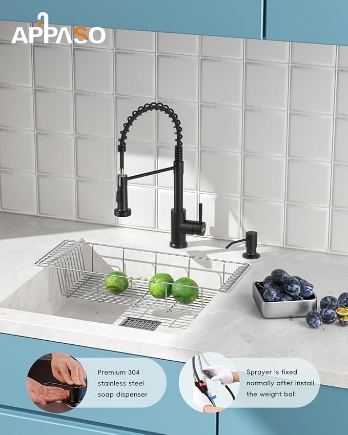 APPASO Black Kitchen Faucet with Soap Dispenser and Pull Down Sprayer, SUS304 Stainless Steel Commercial Single-Handle Spring Faucet for Kitchen Sink, Matte Black