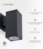 ASD 1 Light Square Dusk to Dawn Outdoor Wall Light Fixture | 60W E26 Bulb Socket 120V ETL Cylinder Up Down Lights | LED/CFL/Incandescent Bulb Wall Sconce | Front Door, Porch, Patio | Black, 2 Pack