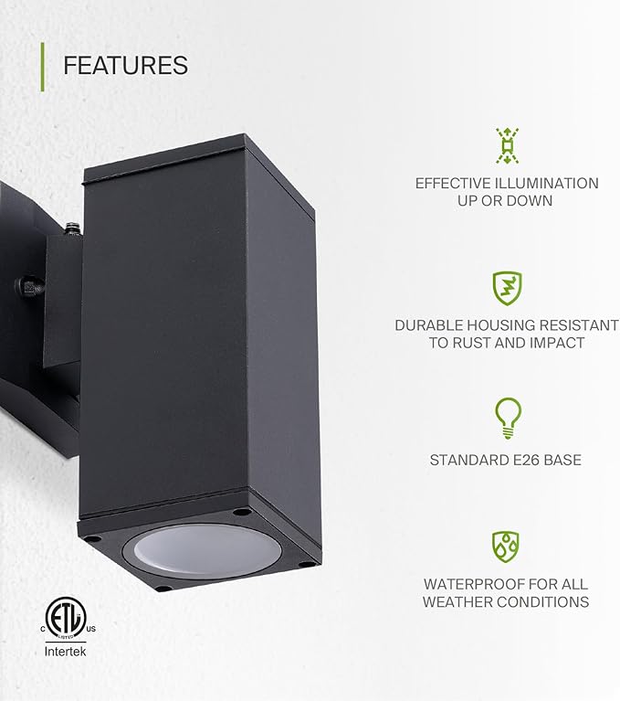 ASD 1 Light Square Dusk to Dawn Outdoor Wall Light Fixture | 60W E26 Bulb Socket 120V ETL Cylinder Up Down Lights | LED/CFL/Incandescent Bulb Wall Sconce | Front Door, Porch, Patio | Black