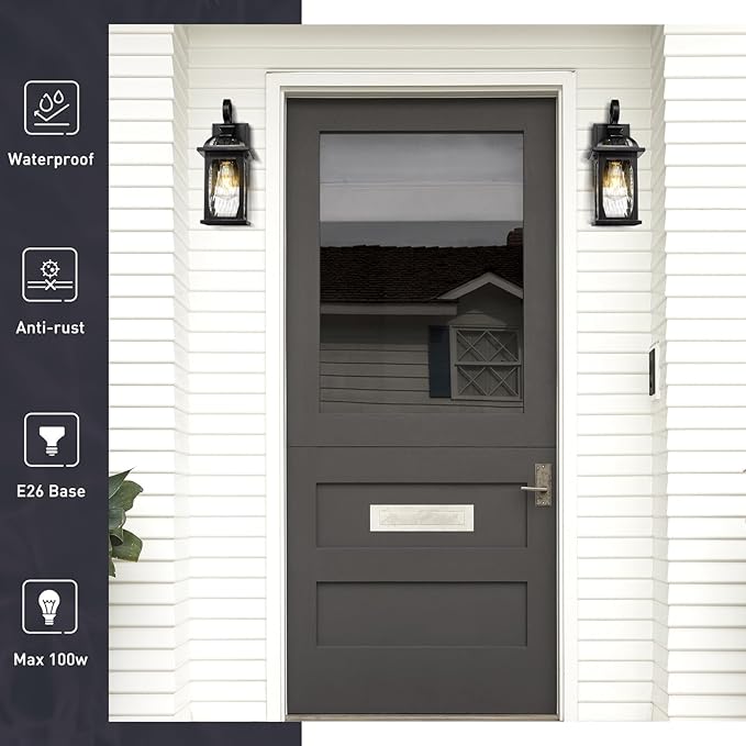 zeyu 2 Pack Outdoor Wall Lamps, 15-inch Black Exterior Light Fixtures for Patio House, Die-Cast Aluminum with Water Ripple Glass, Black Finish, ZD100B-2PK BK-WP