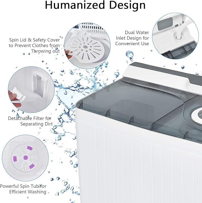 COSTWAY Portable Washing Machine, Twin Tub 26 Lbs Capacity, 18 Lbs Washer and 8 Lbs Spinner, Compact Washer with Control Knobs, Timer Function, Drain Pump, Laundry washer for Apartment RV, Grey