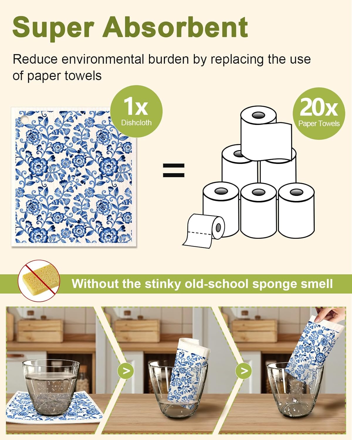 6 Pack Swedish Dishcloths for Kitchen - Reusable Dish Cloths for Washing Dishes Absorbent Cute Funny Kitchen Towels Cleaning Sponge, Blue Floral