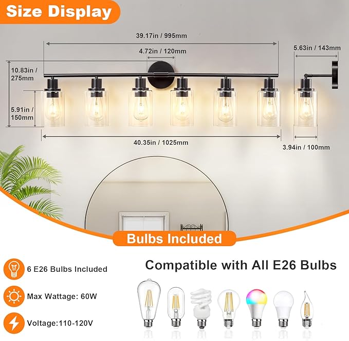 DLLT 6-Light Bathroom Light Fixtures: Black Modern Vanity Lights with E26 Bulbs - Clear Glass Shade Bathroom Wall Lamp for Mirror Kitchen Living Room Hallway Cabinet Porch