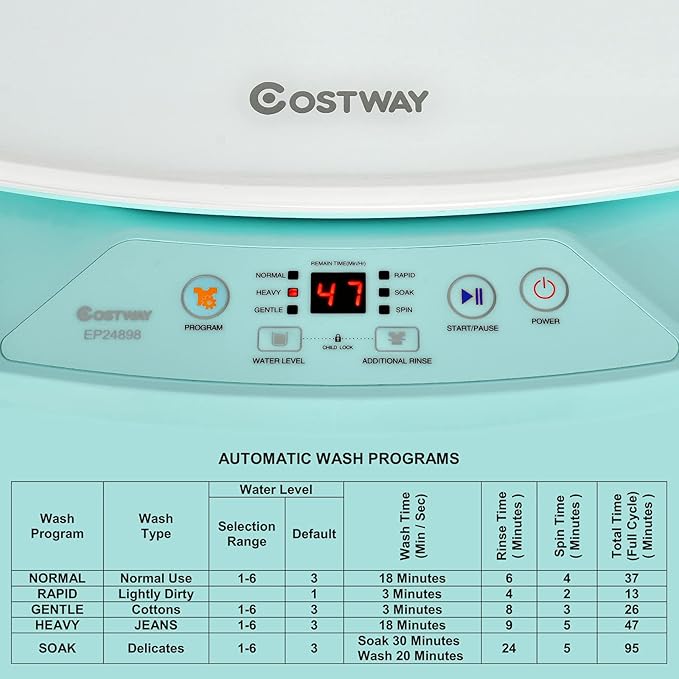 COSTWAY Portable Washing Machine, 8 Lbs Capacity, Built-in Drain Pump, Compact Laundry Washer with 6 Programs, 6 Water Levels, Child Lock, Full-Automatic washer for RV, Dorm, Apartment, Green
