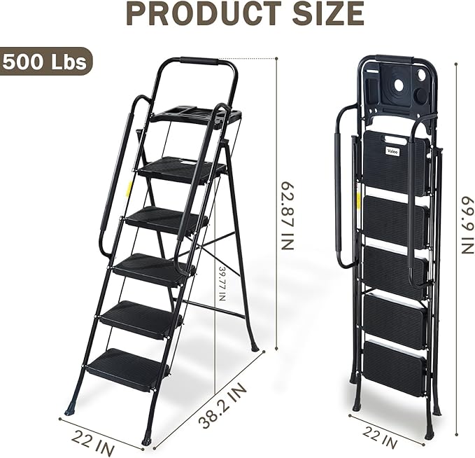 Valeo 5 Step Ladder with Handrails,500 Lbs Capacity,Folding Step Stool Ladder with Tool Platform,Wide Anti-Slip Pedal,Step Ladder 5 Step Folding,Multi-use for Home,Kitchen,Office,Black