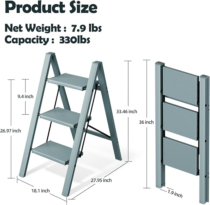 Taranta 3 Step Ladder,Aluminum Lightweight Folding 3 Step Stool with Anti-Slip Wide Pedal,330lbs Capacity Step Ladder for Household,Kitchen,Office - Serene Blue