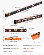 VEVOR 4-Piece Torpedo Level, 48/24/16/10 Inch All Magnetic Levels Set, Fluorescent Light Up Bubble Vials Ruler for 45/90/180 Degree, Aluminum Alloy Magnetic Box Leveler Tool, SAE and Metric Scale