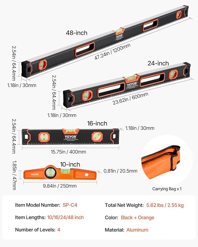 VEVOR 4-Piece Torpedo Level, 48/24/16/10 Inch All Magnetic Levels Set, Fluorescent Light Up Bubble Vials Ruler for 45/90/180 Degree, Aluminum Alloy Magnetic Box Leveler Tool, SAE and Metric Scale