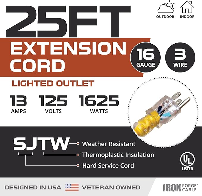 Iron Forge Cable Weatherproof 25 Ft Outdoor Extension Cord - 16/3 SJTW 13 Amp Heavy Duty Highly Visible Yellow Extension Cord 3 Prong - Lighted End