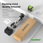 Laser Level with Tripod, HUEPAR 100Ft Self Leveling Laser Level Rechargeable Green Cross Line Laser Leveler Tool for Picture Hanging, Tile, Home Renovation, Carrying Bag Included (25.6 in Tripod)