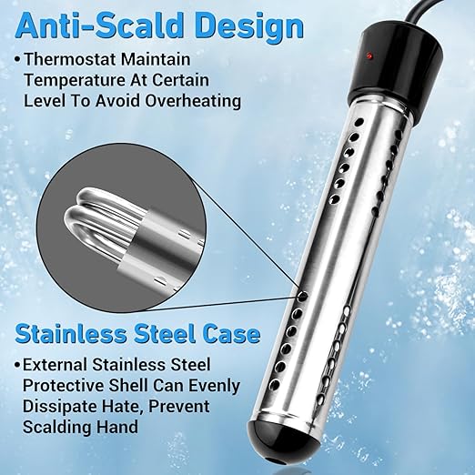 Immersion Water Heater Electric, 2000W Portable Hot Water Heater with 304 S S Guard & LCD Thermometer, Submersible Water Heater Heats up 5 Gallons of Water in Minutes for Bucket Bathtub Small Pool