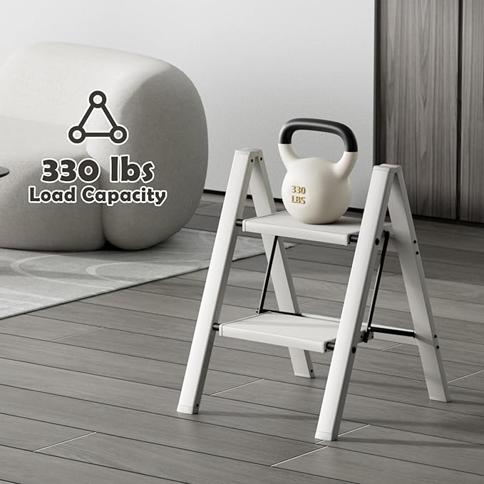 Taranta 2 Step Ladder,Aluminum Lightweight Folding 2 Step Stool with Anti-Slip Wide Pedal,330lbs Capacity Step Ladder for Household,Kitchen,Office - Misty Gray