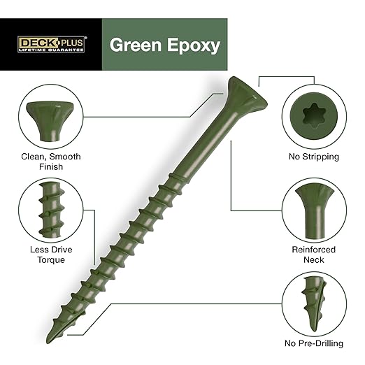 Deck Plus 3 Inch Epoxy Coated Exterior Wood and Fence Screws #10 x 3 Torx/Star Drive Included Coarse Thread, Outdoor Rust Resistant Decking Screw, Green, 1lb Box, 62 Pieces | 48404