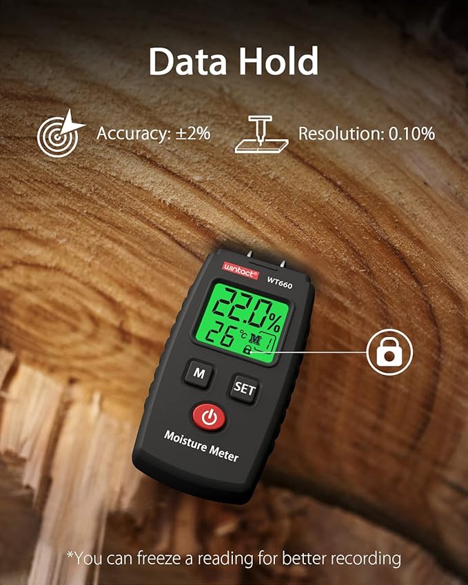 Wintact Pocket Wood Moisture Meter, Pin Type Water Leak Detector, Digital Moisture Tester for Lumber, Firewood, Walls, Drywall, Paper, Brick, Concrete Building Material Black