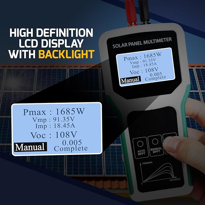 1800W Solar Panel Tester Photovoltaic Multimeter with Smart MPPT Detection for Solar PV Panel Data & Troubleshoot Measures, 24V | 48V | 120V Systems Overload Protection for PV Systems, Data Analysis