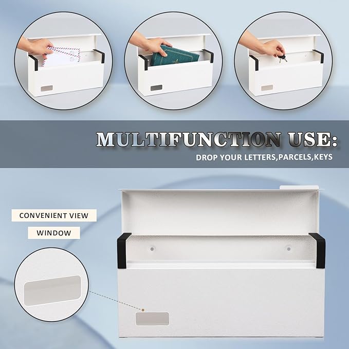 xydled Mailbox Wall Mount Door Mailboxes for Outside, Large Steel Hanging Metal Mailbox, Modern Post Box Package Parcel Drop Box for House Home, Textured White, 14.56''x7.1''x4''