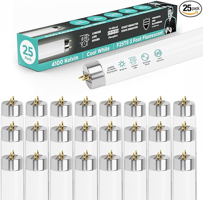 GoodBulb 25-Watt 36 Inch T8 Fluorescent Light Bulb 4100K Cool White Medium Bi-Pin Base 2225 Lumens 86 CRI 36000 Life Hours Instant/Programmed Start Pack of 25 Bulbs