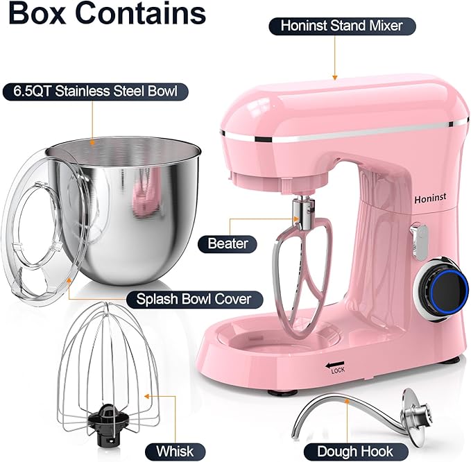 Stand Mixer, 6.5QT 10-Speed Tilt-Head Electric Stand Mixer, 3-In-1 Kitchen Mixer with Bowl, Dough Hook, Whisk and Beater, Food Mixer for Baking, Cake and Most Home Cooks, Pink