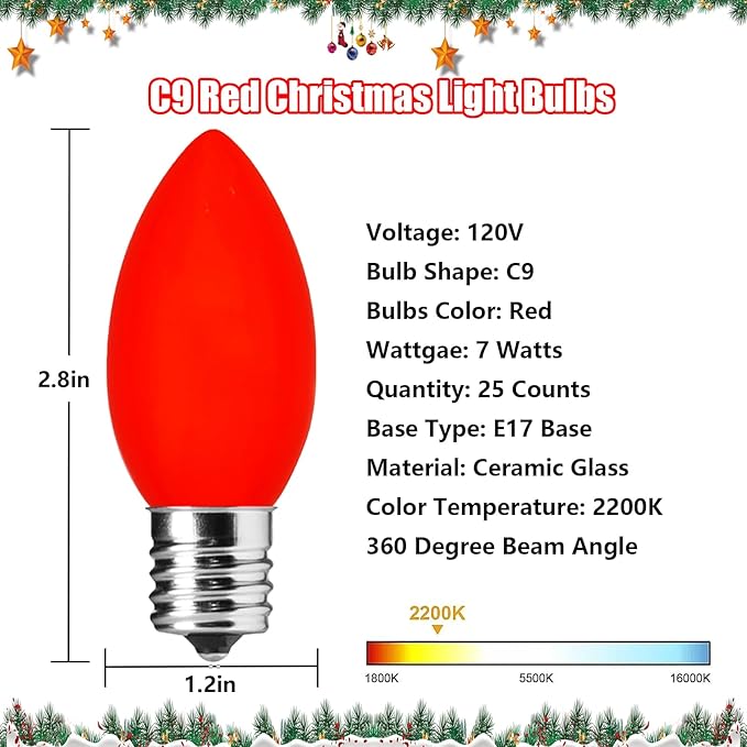 C9 Red Valentines Christmas Replacement Bulbs, 25 Pack C9 Incandescent Light Bulbs Ceramic Red Light Bulbs for Valentines Christmas String Lights, E17 Intermediate Base, 7 Watts