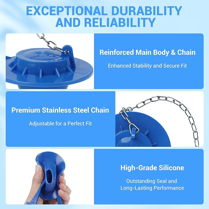 Universal Toilet Flapper Replacement 2 Inch - Compatible with Most American Standard Kohler Fluidmaster Toto Gerber Toilets Tank Water Saving Rubber Flush Valve Flapper with Stainless Chain Blue 1Pack