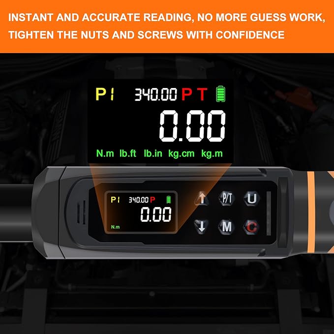 Digital Torque Wrench 1/2 Drive, 3.8-250.8 Ft.lb Range, 1/2 Digital Torque Wrench ±1% Accuracy with Vibration, Buzzer and LED Alert, Suitable for Car, Motorcycle and Bicycle