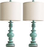 BOBOMOMO 24" Farmhouse Table Lamps Set of 2 – Distressed Teal Lamps with Linen Shades, Cottage Style Bedside Lamps for Bedroom, Living Room, or Entryway, Medium Height Lamps with Coastal Vintage Charm