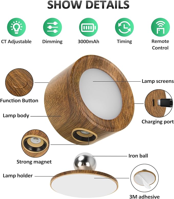 Lightbiz LED Wall Lights, Wall Sconces 2 Pcs with Remote Rechargeable Battery Operated, 3 Color Temperatures & Dimmable Wall Lamp Magnetic 360° Rotation Light for Bedroom Living Room