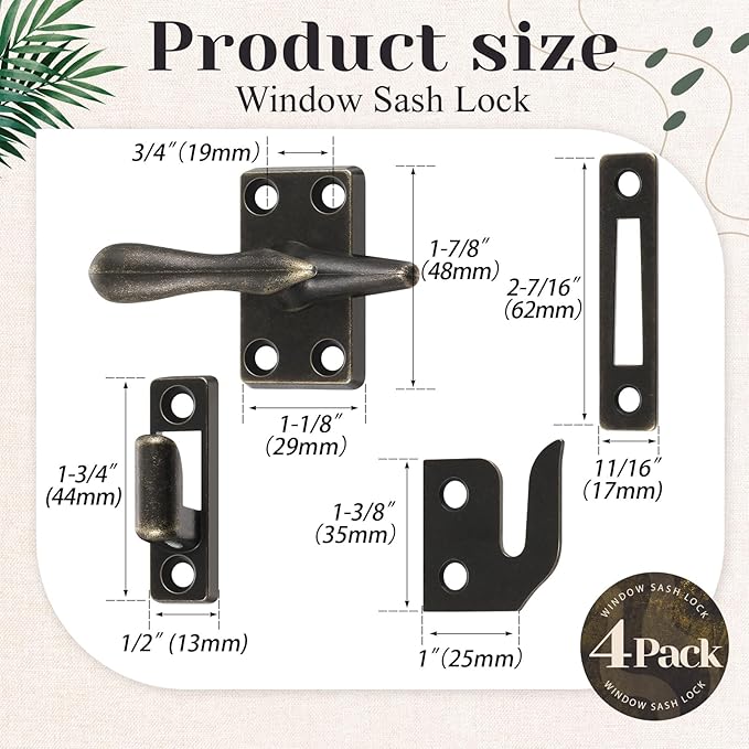 Hicarer 4 Pack Casement Window Lock 1-7/8 Inch Zinc Alloy Window Sash Lock Latch Replacement for Home Casement Windows (Bronze)