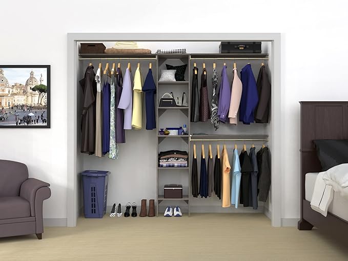 ClosetMaid SuiteSymphony Wood Closet Organizer Kit with Tower 3 Hang Rods, Top Shelves, Adjustable, Fits Spaces 5-9 ft. Wide, Graphite Grey