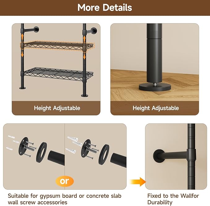 H6 Wall Mounted Closet System, Industrial Pipe Clothes Rack Clothing Racks with 6 Telescopic Rods & 3 Fixing Rods & 9 Shelves, Heavy Duty Closet Organizers and Storage in Wardrobe Closet (Black)