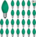25 Pack C7 Replacement Christmas Light Bulb, Christmas Green Replacemen Bulb C7/E12 Base for Outdoor String Lights Window Candles Chandeliers Salt Lamp, 5 Watt