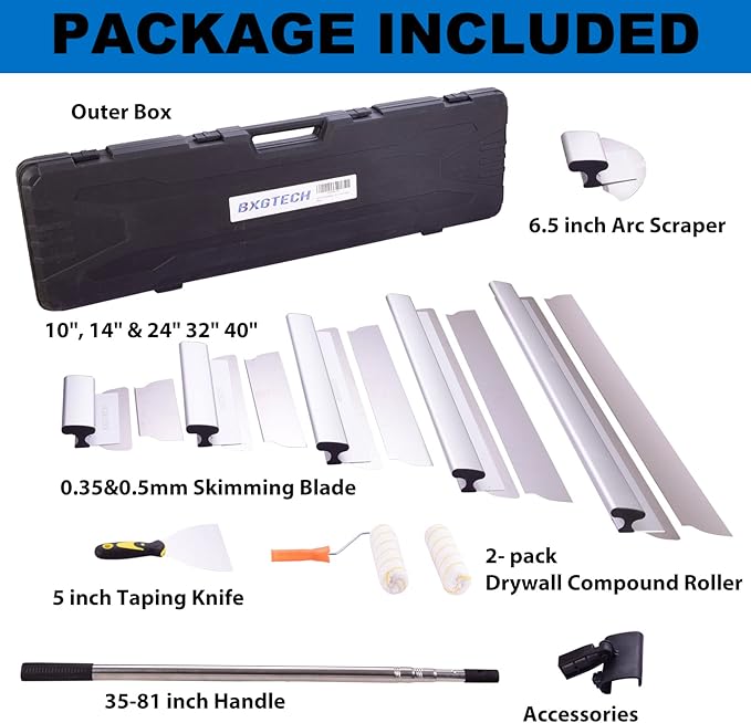 Drywall Tools Skimming Blade with Extension Handle - 10", 16" & 24" 32" 40" Blades 0.5mm&0.35mm, Drywall Roller,Taping Knife, Arc Scraper, Construction Tools
