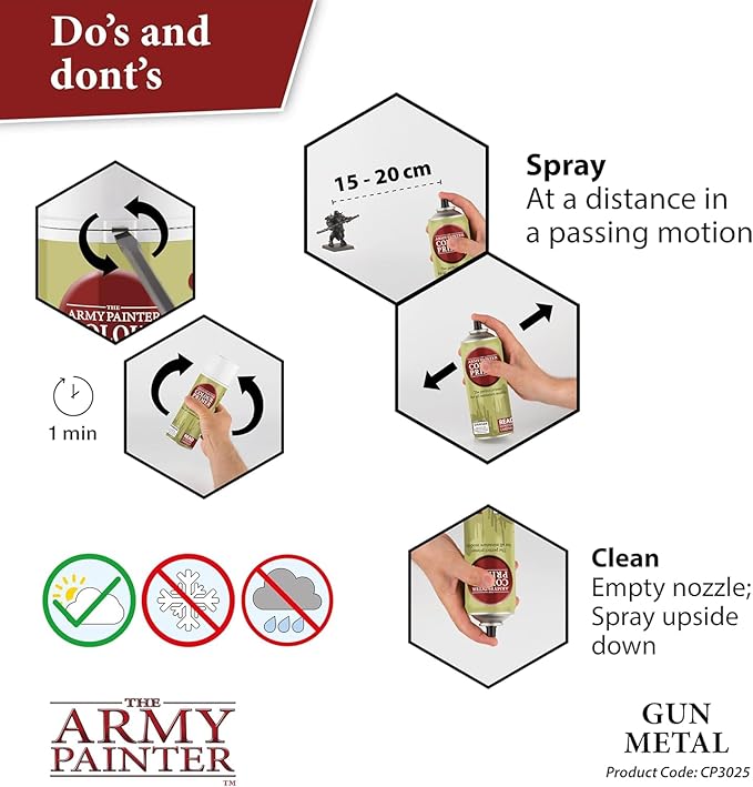 The Army Painter Colour Primer Gun Metal, 400 mL Acrylic Spray Primer, Spray Paint Basecoat for Miniature Priming, Tabletop Roleplaying, Boardgames, and Wargames Miniature Modelling