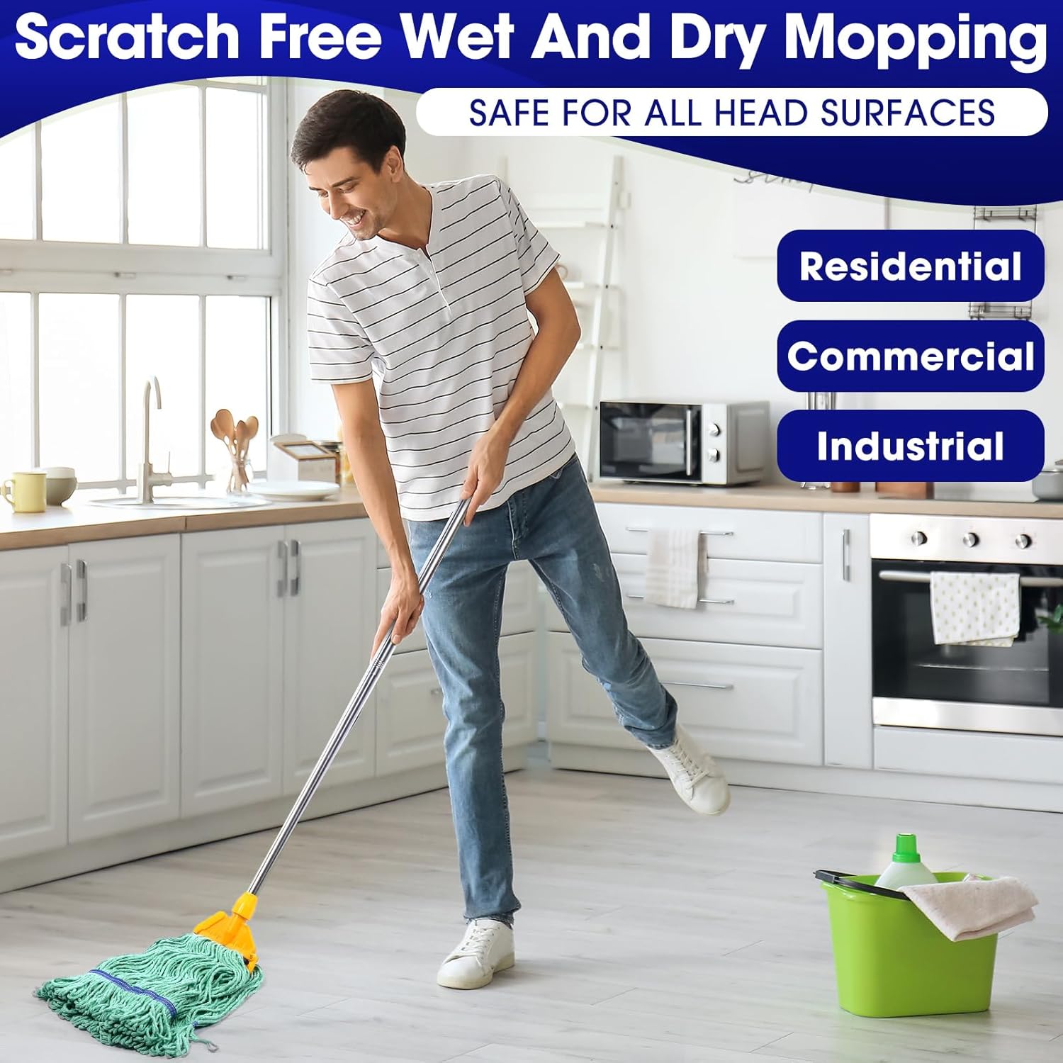 6 Pack Heavy Loop End Cotton String Mop Head Heavy Duty Mop Head Commercial Refills Mop Head Replacement for Home Industrial Commercial Floor Cleaning(Green, Blue)