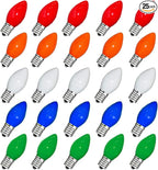 Couah Christmas Light Bulbs C7 Multi-Color Replacement Bulbs（25 Pack） C7 Ceramic Outdoor String Light Replacement Bulbs, C7/E12 Candelabra Base, 5 Watt