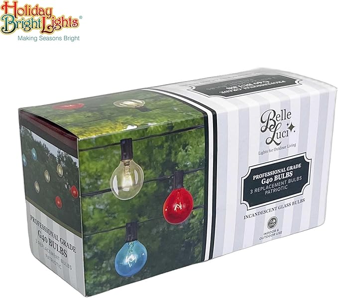 Belle Luci Replacement G40 Incandescent Replacement Bulbs - Red, White, and Blue Glass Globe Bulbs for Outdoor Patio and Seasonal String Lights. (3 PK)