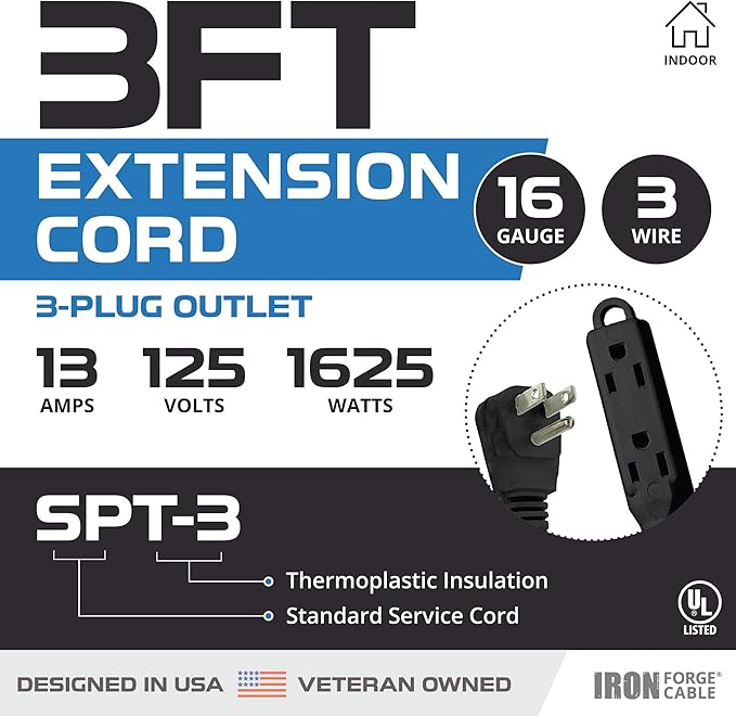 Iron Forge Cable 3 ft Flat Plug Black Extension Cord with 3 Outlets - 16/3 SJTW 3 Prong Indoor Extension Cord with Multiple Outlets