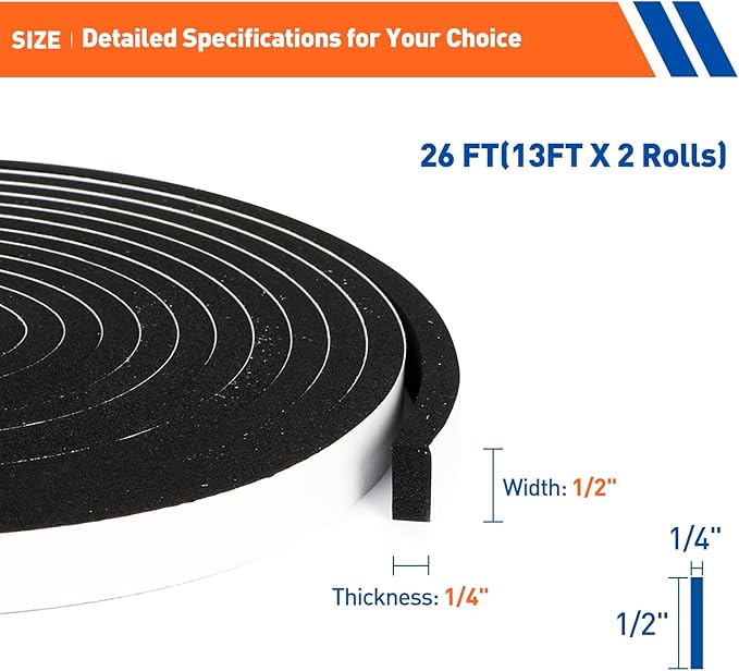 MAGZO Weather Stripping Door Seal, 1/2 Inch Wide X 1/4 Inch Thick Adhesive Foam Tape Soundproof Weatherstripping for Windows, 2 Rolls Total 26FT Black