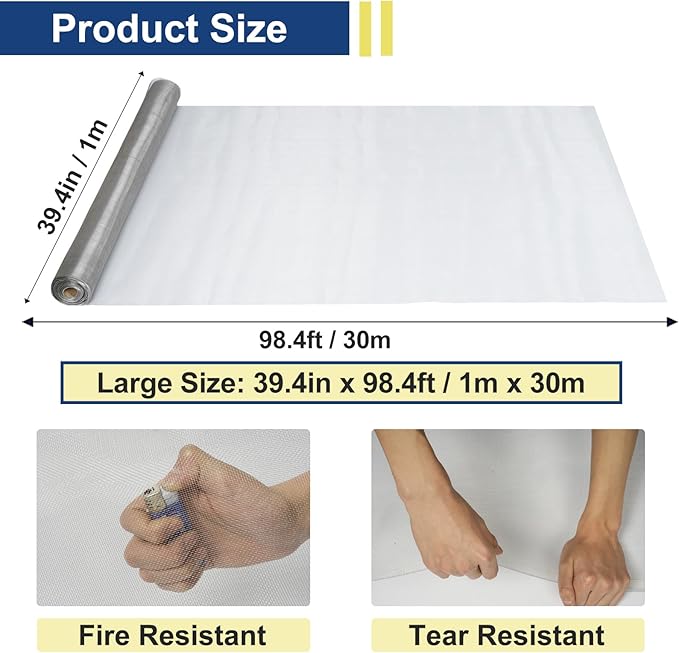 304 Stainless Steel Woven Wire Mesh 39.4in x 98ft Metal Window Screen Mesh Roll Security Mesh Roll for Door Screen/Patio Screen/Cabinets Mesh 20 Mesh 0.15mm Wire Dia (Silver, 39.4inch x 98 Feet)