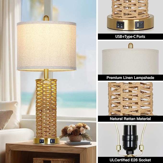 27" Natural Rattan Table Lamps Set of 2, Boho Bedside Lamp for Bedroom with Night Light, Woven Wicker Nightstand Lamps with 2 USB Ports & AC Outlet, Tall Farmhouse Living Room Lamp, Gold