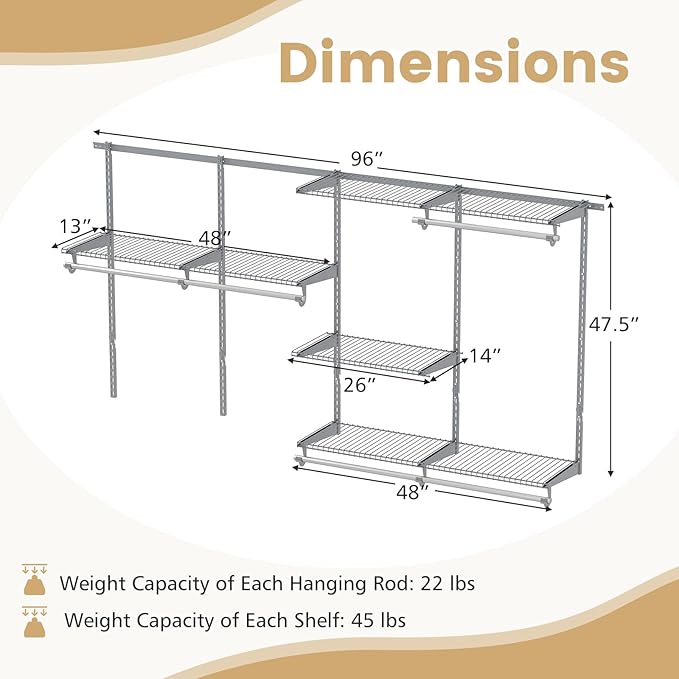 Giantex Closet Organizer System, 4-8 FT Wall-Mounted Closet Shelves and Rod, Adjustable Closet Organization w/ Hanging Rod, DIY Expandable Modular Metal Wire Shelving for Laundry Bedroom (Grey)