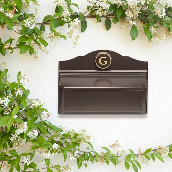 Whitehall Custom Wall Mount Mailbox Package - Mail Box with Monogram, Sand Cast Aluminum, Classic Design Bronze Personalized in Goldtone