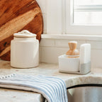 Full Circle Bubble Up Combo-Family Safe,Formaldehyde-Free-Gray Ceramic Soap Dish with Plant-Based Sponge & Bamboo Dish Brush-Versatile Kitchen Scrub Brush Set for Pots,Pans,Counter & Sink,White